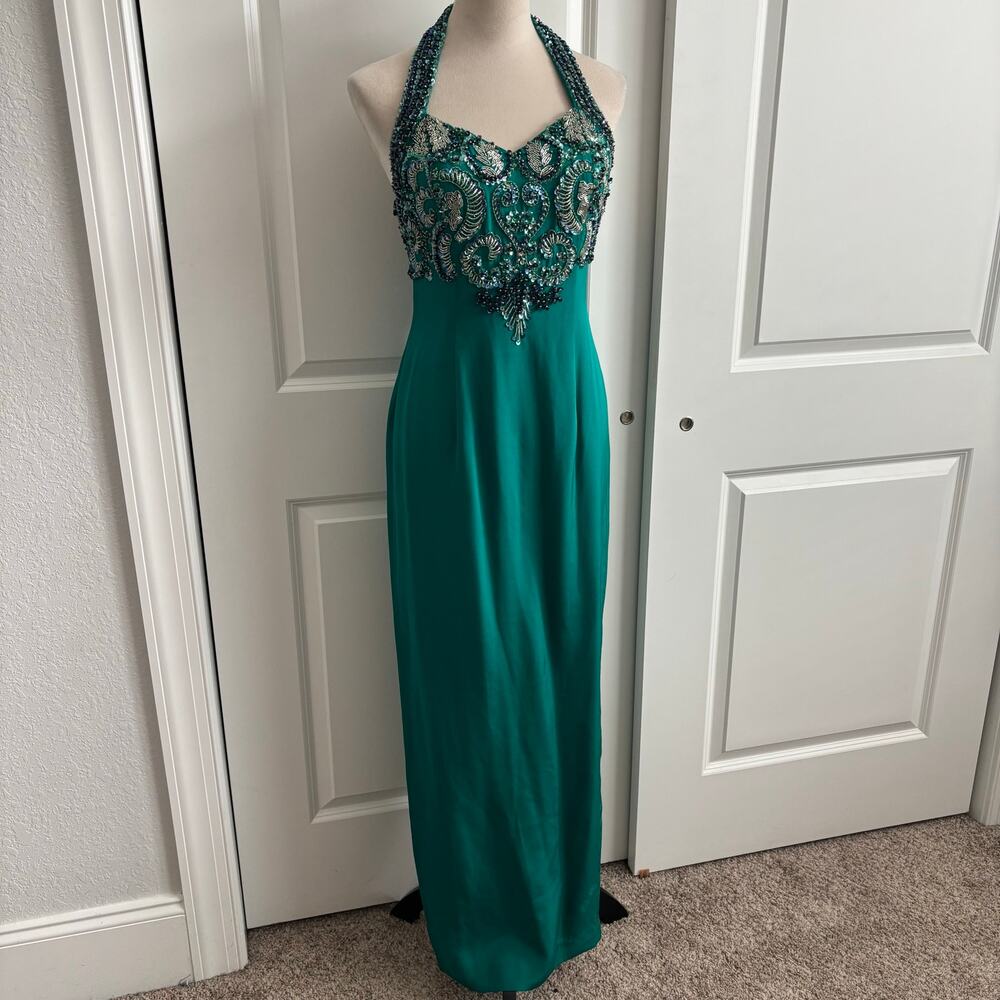 Vintage Alyce Designs Teal Silk Beaded Halter Prom Pageant Formal Gown Dress 6